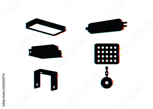 six different glitch effect illustration isolated on white backgorund overhead light panel overhead light ballast overhead light diffuser overhead light fixture mount overhead light LED