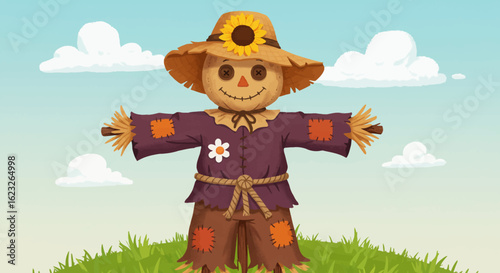 A Cheerful Scarecrow Standing Proudly in a Sunny Field Ready to Guard the Crops with a Friendly Smile and Sunflower on its Hat