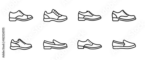 Footwear outline icon set including loafers, oxfords, heels, and sneakers in clean linear style for fashion, apparel, and shoe design collections