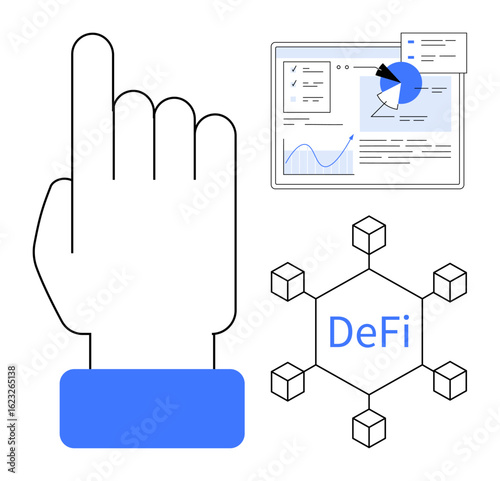 Hand point gesture, blockchain nodes, analytic dashboard with pie chart. Ideal for blockchain, DeFi, finance, investment, data analysis fintech technology innovation. Great for a simple landing