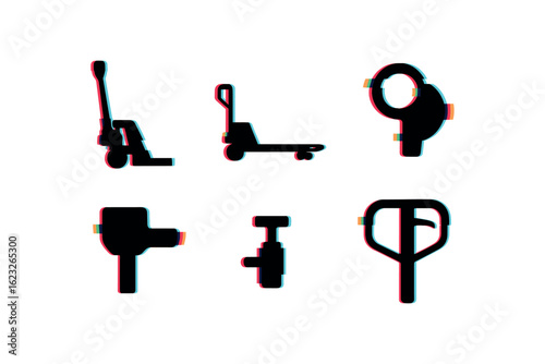 six different glitch effect illustration isolated on white backgorund pallet jack hydraulic pump lever pallet jack load forks pallet jack steering wheels pallet jack saddle plate pallet