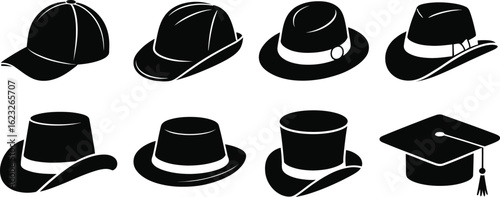 Collection of black silhouettes of various hats and graduation cap