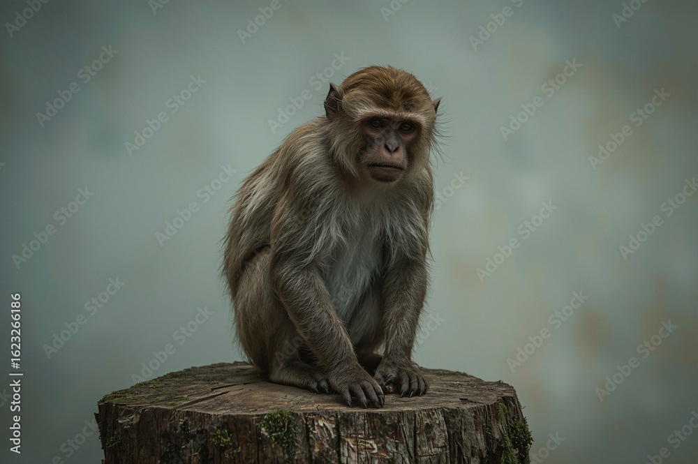 Obraz premium Monkey sitting stump zoo enclosure, nature background