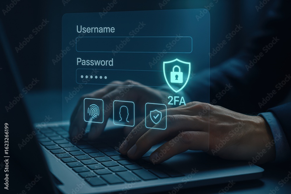 Naklejka premium Secure login interface with password field, fingerprint, face ID, and two-factor authentication shield 