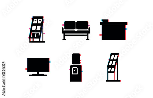 six different glitch effect illustration isolated on white backgorund waiting room magazine rack waiting room seating bench waiting room reception desk waiting room tv monitor waiting room