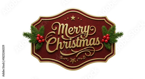 A festive merry christmas sign with gold lettering and holiday decorations on a maroon background