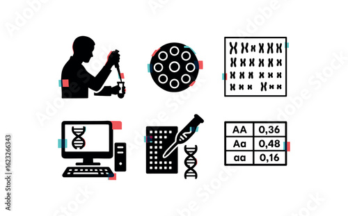 six different glitch effect illustration isolated on white backgorund geneticist pipette controller geneticist centrifuge rotor geneticist karyotype chart geneticist bioinformatics