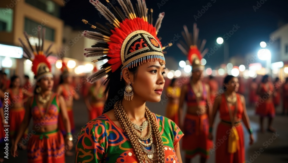 Fototapeta premium Vibrant Ethnic Festival with Dancers in Traditional Attire at Night