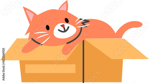 Relaxed Orange Cat Lying in Cardboard Box