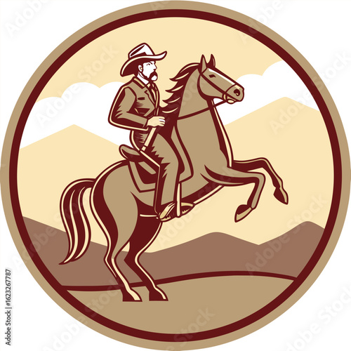 Man wearing a hat rides a bucking horse against a mountain landscape within circle