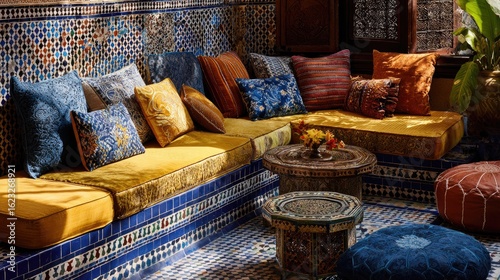 flat lay of a vibrant Moroccan riad lounge with colorful cushions and tilework, color tones: cobalt blue, ochre yellow, and burnt orange
