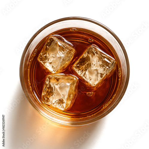 Top View of Whiskey Glass with Ice on White Background