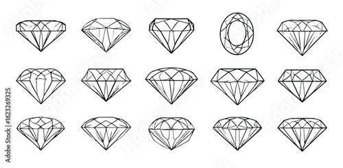 Various diamond cuts illustration set for jewelry design and gemology reference guide with different shapes and facets