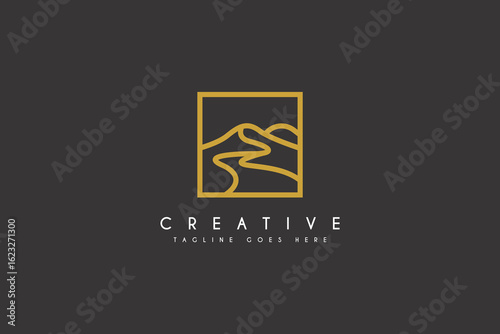 Mountain with Path, winding road river, logo design vector illustration.