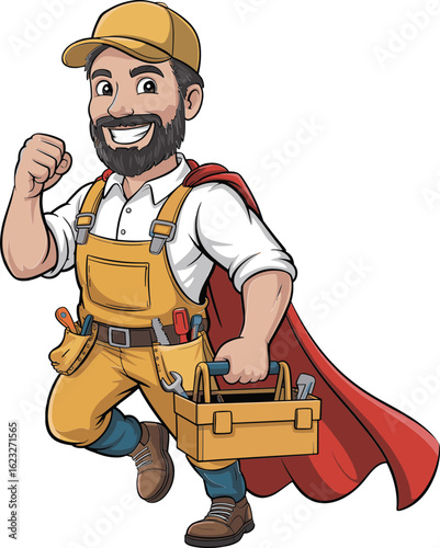 Cartoon handyman character with toolbox and red superhero cape, smiling male repairman mascot illustration, construction worker hero concept, vector clipart isolated