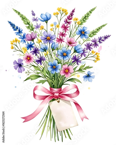 Watercolor bouquet of colorful wildflowers with pink ribbon and tag on transparent background