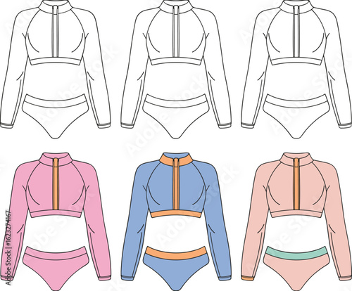 cad drawing flat vector illustration, bikini fashion sketch, long sleeve swimwear top, rash guard design template, women’s swimsuit technical drawing
