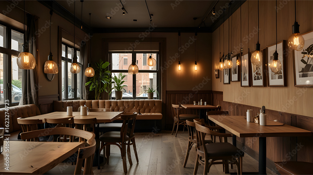 Obraz premium cozy coffee shop interior, empty warm-toned wooden tables and chairs, pendant lights hanging above, textured walls with neutral tones, subtle daylight coming through large windows, minimal decor