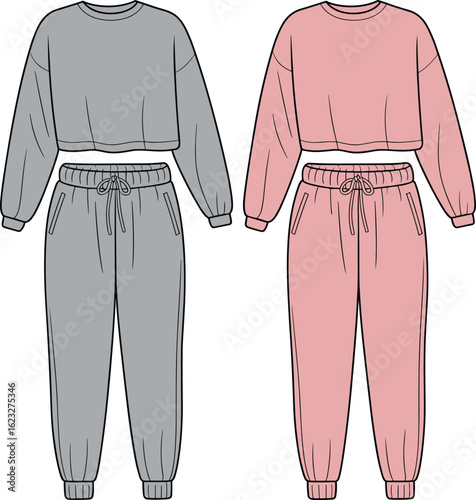 women’s jogger and sweatshirt loungewear set – flat sketch of matching long sleeve top and drawstring sweatpants outfit