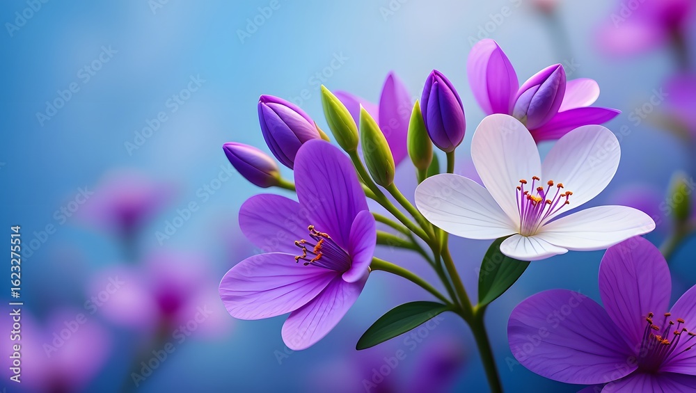 Fototapeta premium Vibrant Purple and White Flowers with Buds on Blue Background