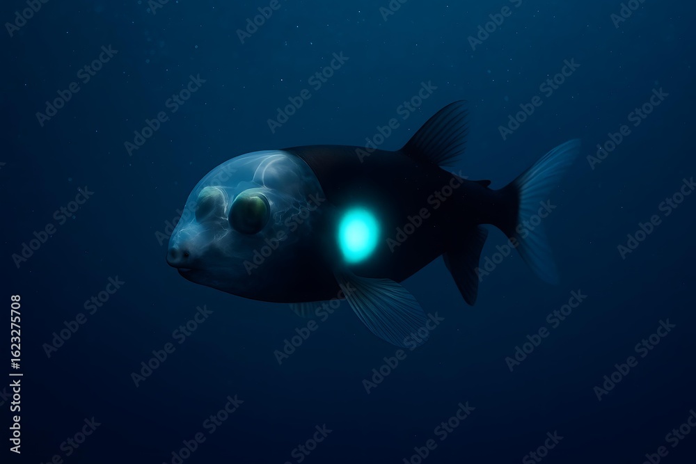 Fototapeta premium Transparent-Headed Barreleye Fish with Glowing Body in Deep Ocean 