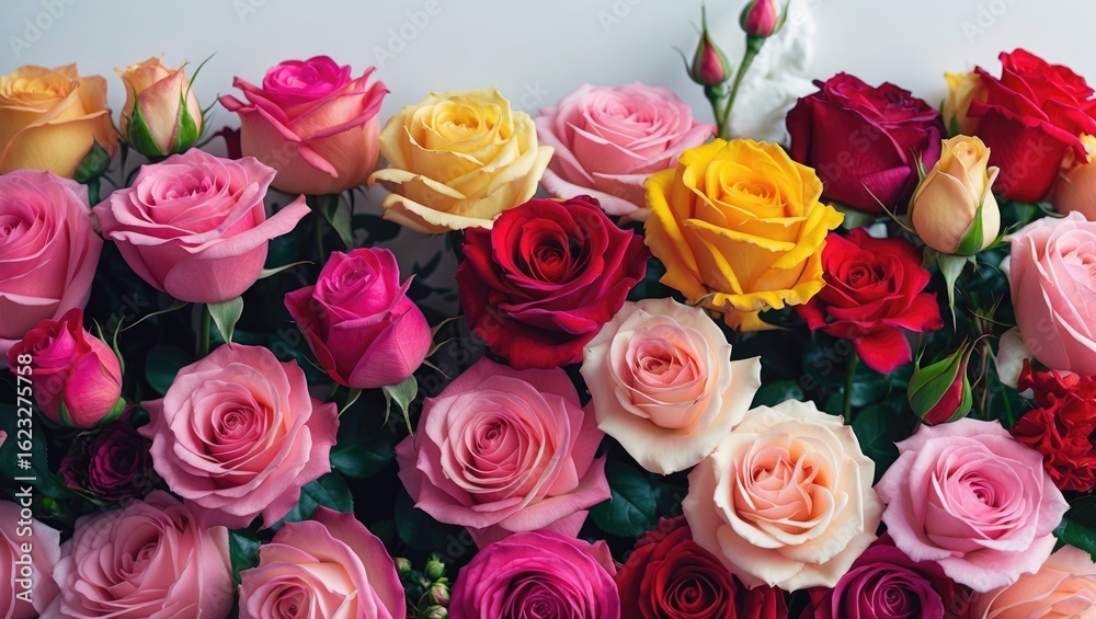 Naklejka premium A colorful assortment of roses in various shades including pink, red, yellow, and white arranged together.
