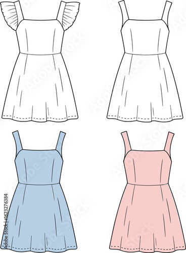 women’s strappy summer dress fashion flat – flared mini sundress with square neckline, sleeveless casual design in pastel colors