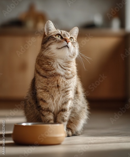 cat sitting on a beige kitchen floor in front of an empty food bowl