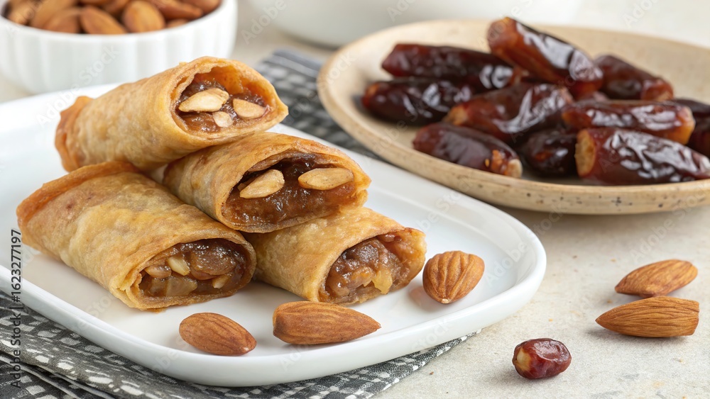 Fototapeta premium Delightful briouats filled with dates and almonds served on a white plate with fresh ingredients