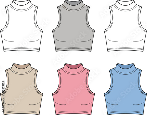 women’s high-neck sleeveless crop top vector fashion flat sketch set – mock neck tank design in multiple color options