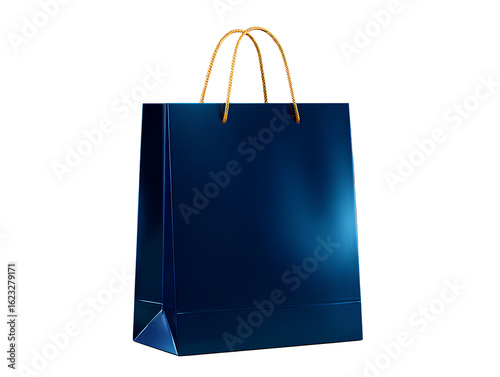  Single Glossy Blue Shopping Bag with Twisted Paper Handles Front View Isolated on Transparent Background.