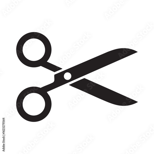 Black and white icon of open scissors on a white background cutting