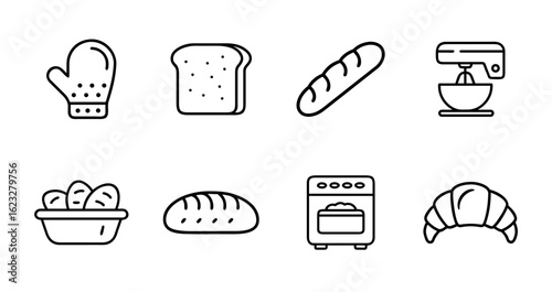 Bakery and bread icon set in outline style with pastries, baked goods, loaves, cupcakes, croissants, muffins, and baking tools for food design themes