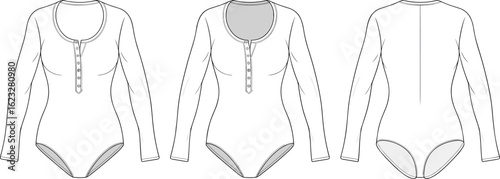 women’s long sleeve bodysuit with buttons cad drawing flat vector illustration, technical fashion sketch, apparel template, clothing vector, front and back view