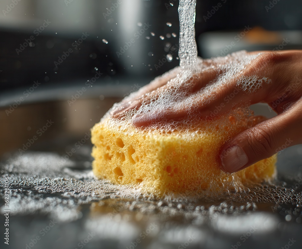 Fototapeta premium hand washes dishes with a yellow sponge