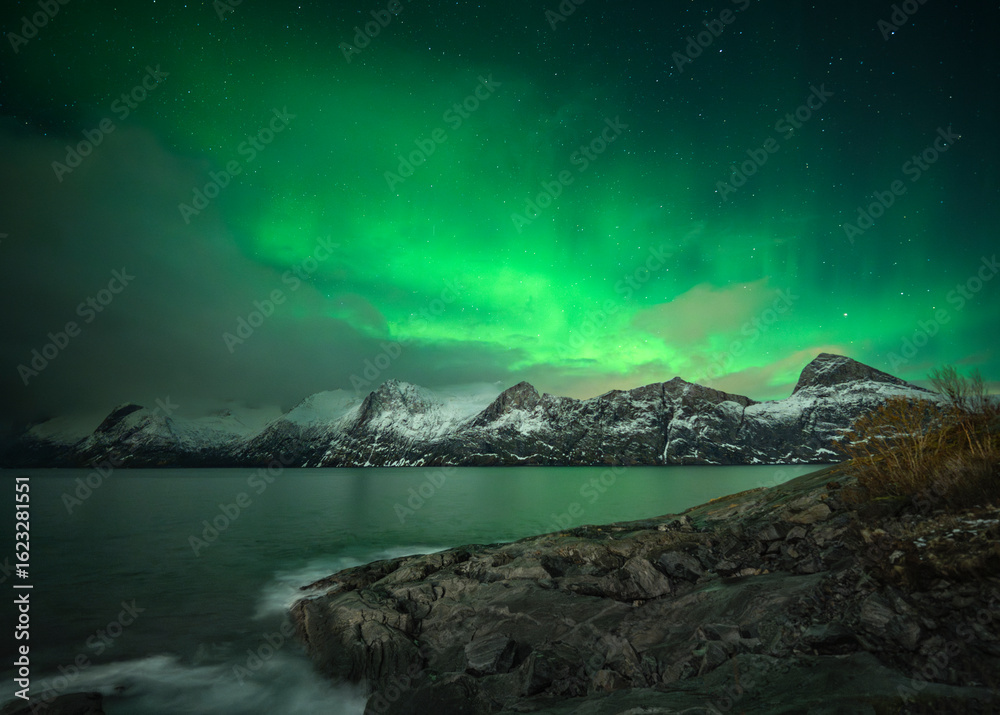 Naklejka premium Northern lights over the snowy mountains of Senja, Norway