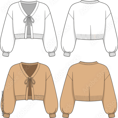 women’s bow tie cropped cardigan – long sleeve balloon cuff sweater top fashion flat with front tie design vector CAD