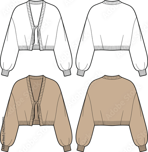 women’s cropped cardigan vector – open front knitwear fashion flat, long sleeve balloon cuff sweater CAD for cozy layering