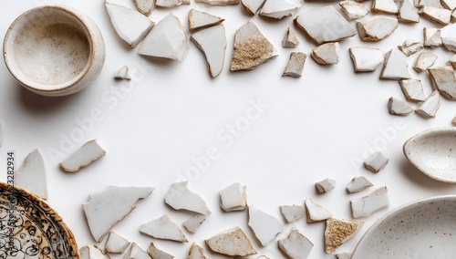Broken pottery pieces frame a white background