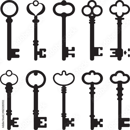 Collection of ten antique skeleton keys in silhouette