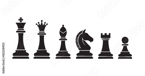 Black and white illustration of chess pieces king queen bishop knight rook pawn vector
