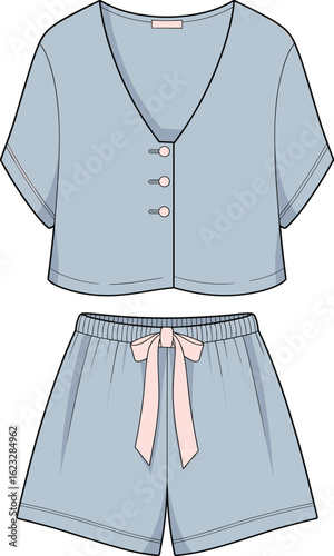 cad drawing flat vector illustration of women’s pajama set with short sleeve top and shorts, stylish comfy sleepwear design for fashion catalog