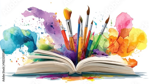 Open book filled with colorful paint splatters and art supplies