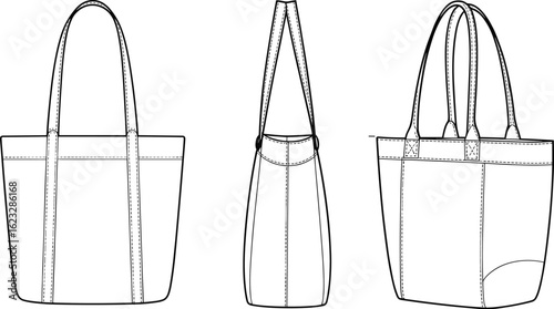 Minimal tote bag flat sketch – vector technical drawing of canvas handbag with long straps, front side angled view