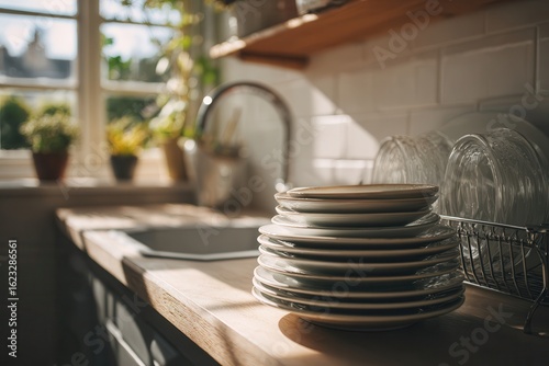 freshly cleaned dishes stacked neatly in a drying rack next to the sink