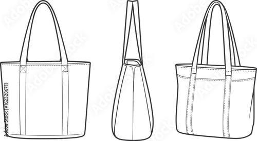 Tote bag technical vector – minimalist flat sketch of canvas shoulder handbag with strap detail, front side back view