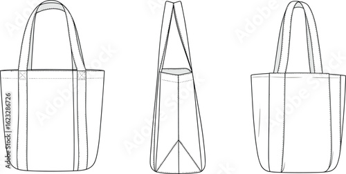 Tote bag technical sketch – minimal flat vector drawing of blank canvas handbag with top handles, front side back view