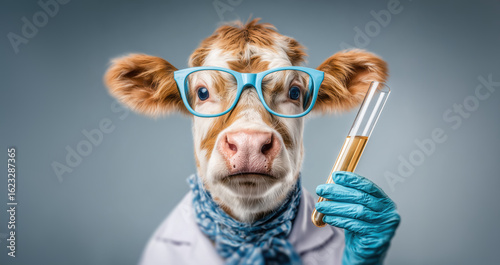 Funny cow dressed as a scientist and wearing glasses, holding a test tube in hand for scientific experiment, copy space on light background