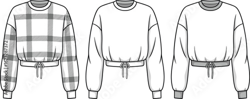 Cropped sweatshirt design, front view, plaid and plain styles, drawstring waist, long sleeve, fashion sketch, apparel template, clothing illustration
