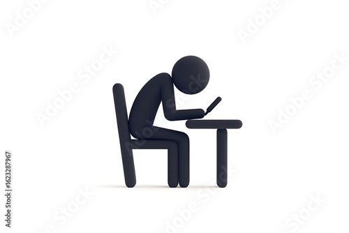 Minimalist illustration of a person seated at a desk, hunched over and using a digital tablet. Clean, white background. Modern, simple design.